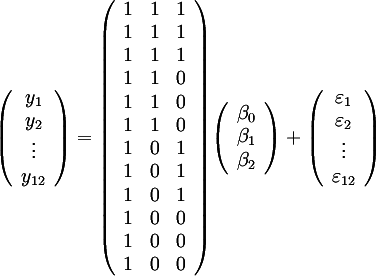 ((y_1),(y_2),(vdots),(y_12)) = 
((1,1,1),(1,1,1),(1,1,1),
 (1,1,0),(1,1,0),(1,1,0),
 (1,0,1),(1,0,1),(1,0,1),
 (1,0,0),(1,0,0),(1,0,0))
((beta_0),(beta_1),(beta_2)) + 
((varepsilon_1),(varepsilon_2),(vdots),(varepsilon_12))